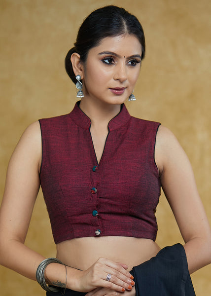 Graceful Maroon Mandarin Collar Sleeveless Blouse with Kalamkari Buttons and Kalamkari Back