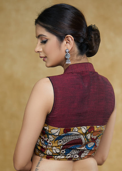Graceful Maroon Mandarin Collar Sleeveless Blouse with Kalamkari