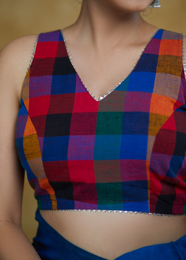 Trendy Checks Handloom Cotton Sleeveless Blouse with Silver Lace Detailing