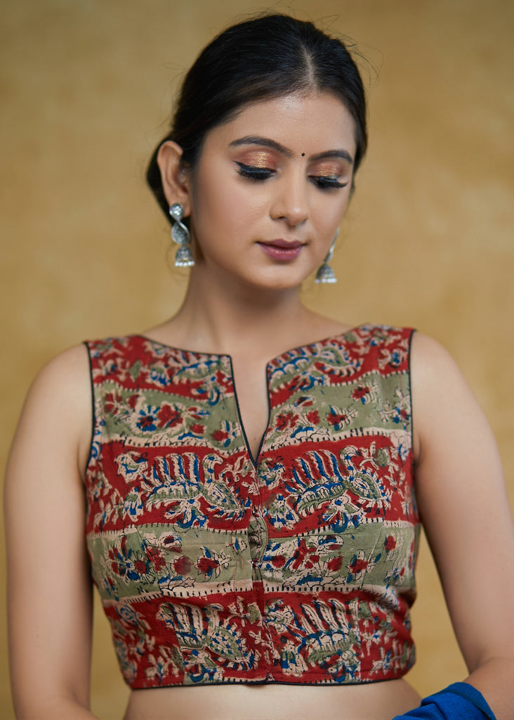 Trendy Cotton maroon Sleeveless Blouse with Black Detailing