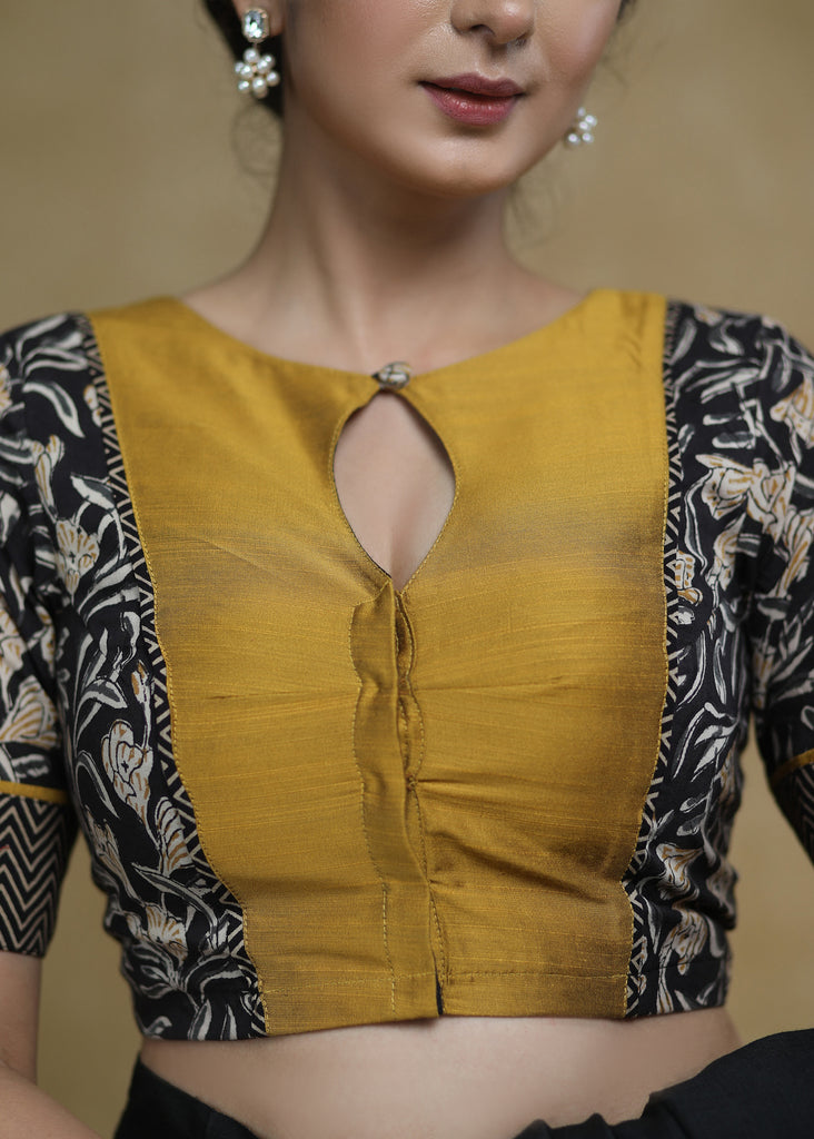 Smart Mustard, Black Combination Cotton Print Sleeves and Back with Ajrakh border