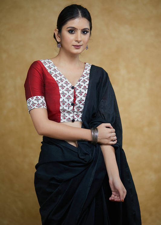 Exclusive Maroon Cotton Silk Blouse with Cream Floral Ajrakh Combination and Black Buttons