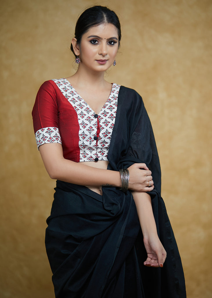 Exclusive Maroon Cotton Silk Blouse with Cream Floral Ajrakh Combination and Black Buttons