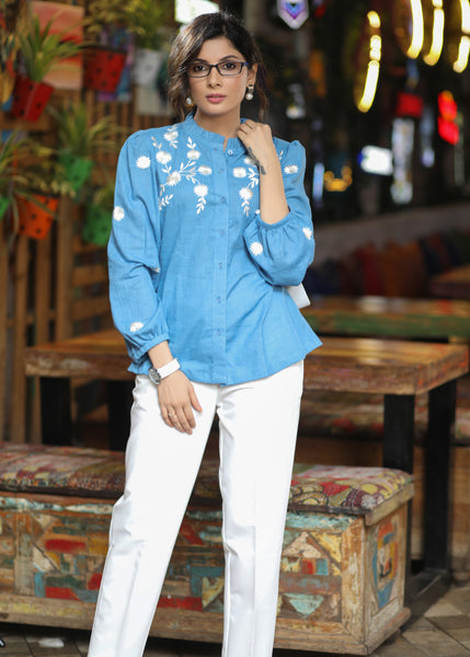 Casual Powder Blue Cotton Shirt with Beautiful Floral Embroidery