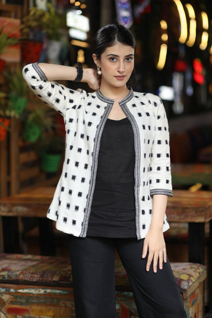 Stylish White Ikat Jacket with Black Inner Highlighted with Aztec Ikat Border