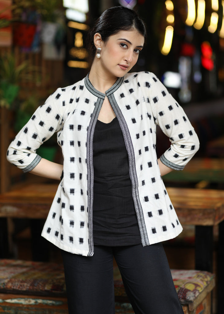 Stylish White Ikat Jacket with Black Inner Highlighted with Aztec Ikat Border
