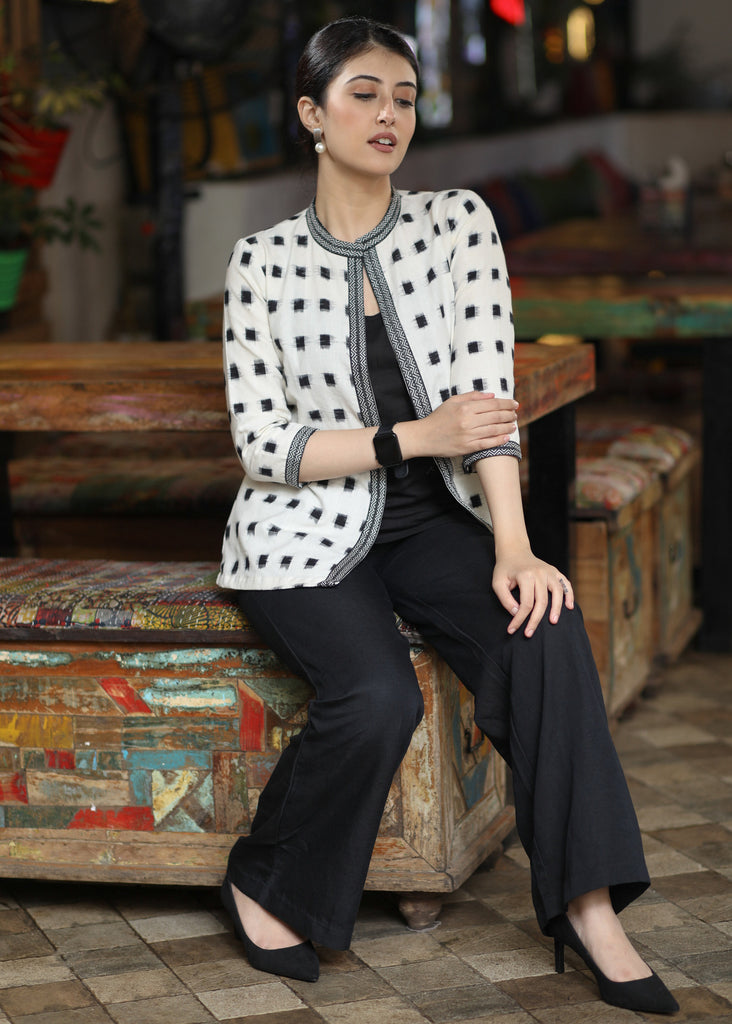 Stylish White Ikat Jacket with Black Inner Highlighted with Aztec Ikat Border
