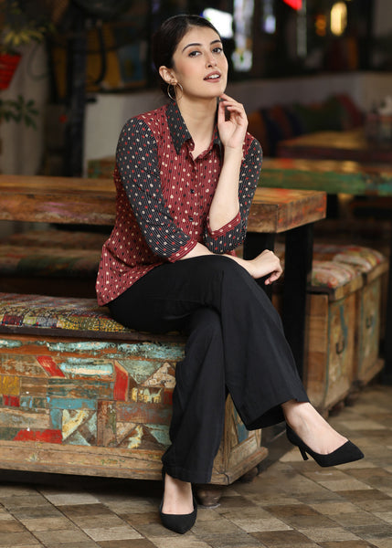 Smart Black & Maroon Combination Cotton Ajrakh Shirt