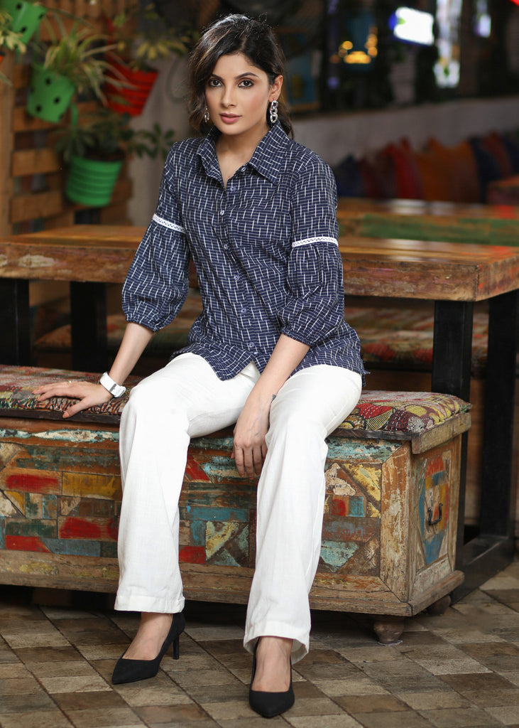 Formal Navy Blue Cotton Ikat Shirt with Delicate Lace