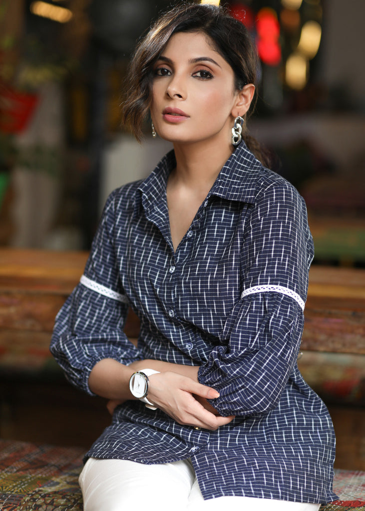 Formal Navy Blue Cotton Ikat Shirt with Delicate Lace