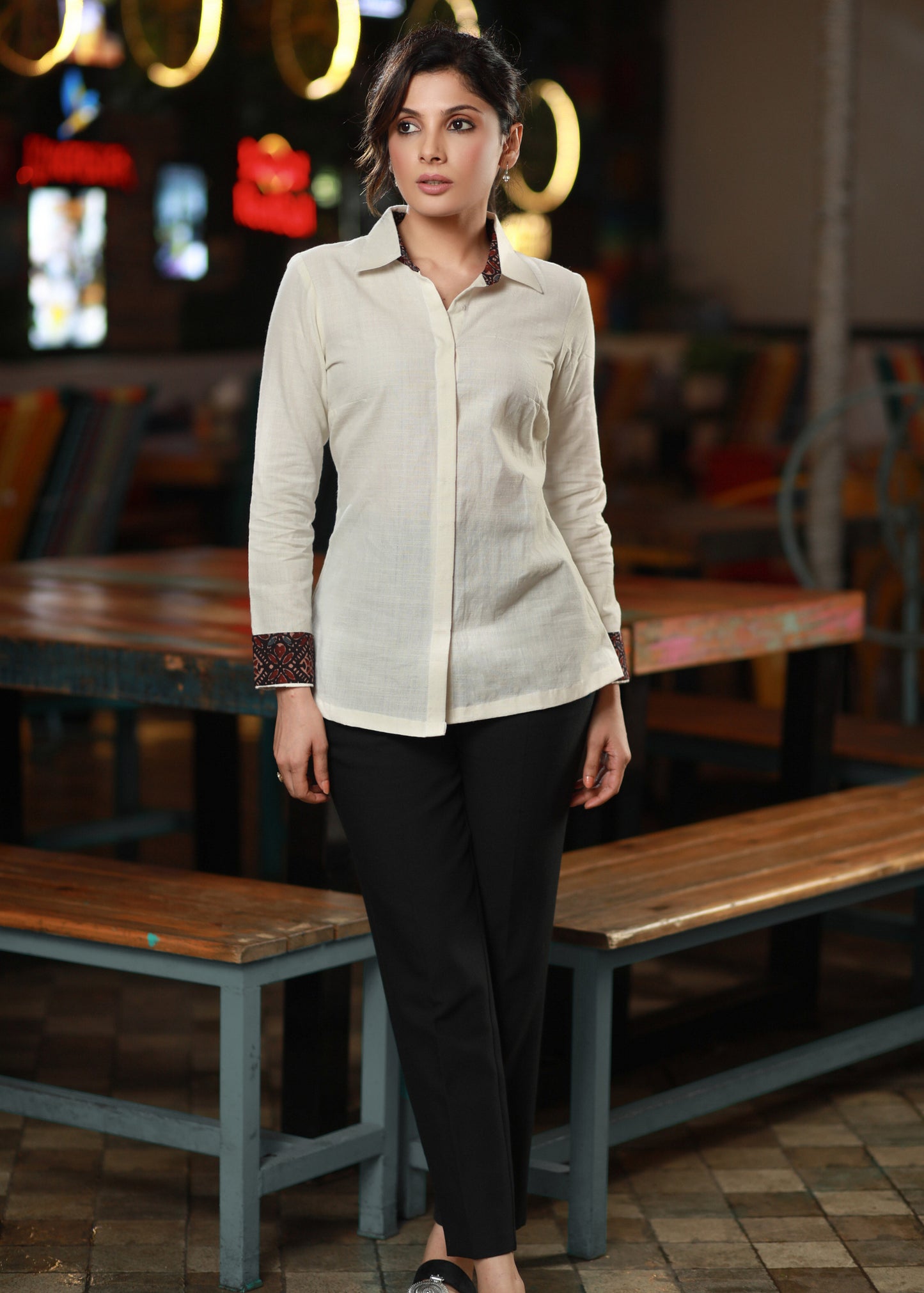 Stylish Ivory Shirt with Ajrakh Detailing