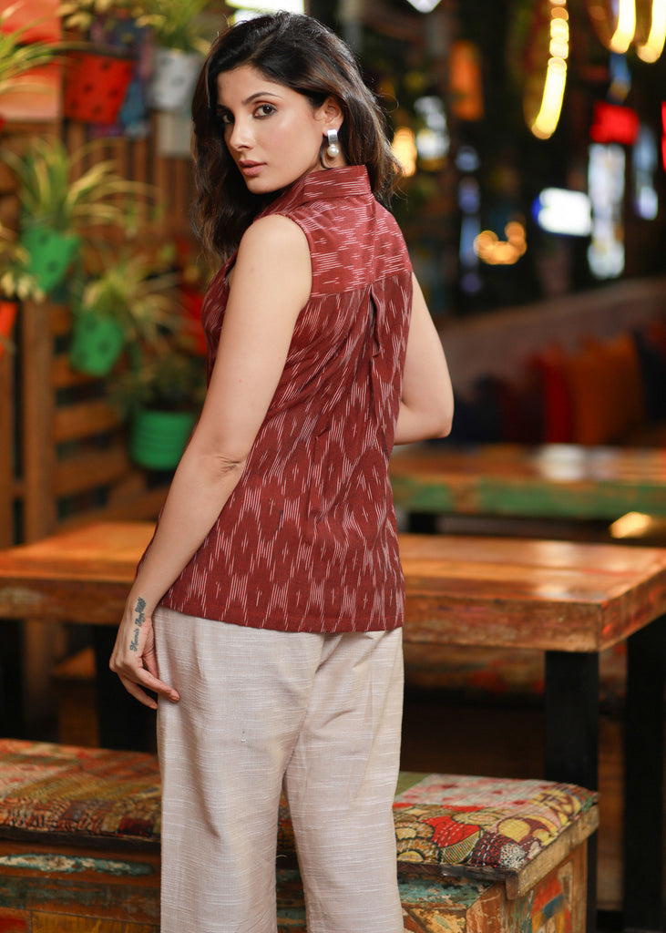 Casual Cotton Maroon Ikat Sleeveless Shirt
