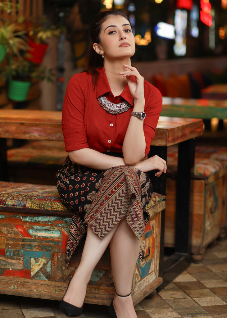 Trendy Black Indo-Western Ajrakh Formal Skirt with Optional Cotton Shirt