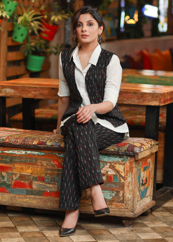 Trendy Formal Black Ikat Waistcoat with Optional Pant