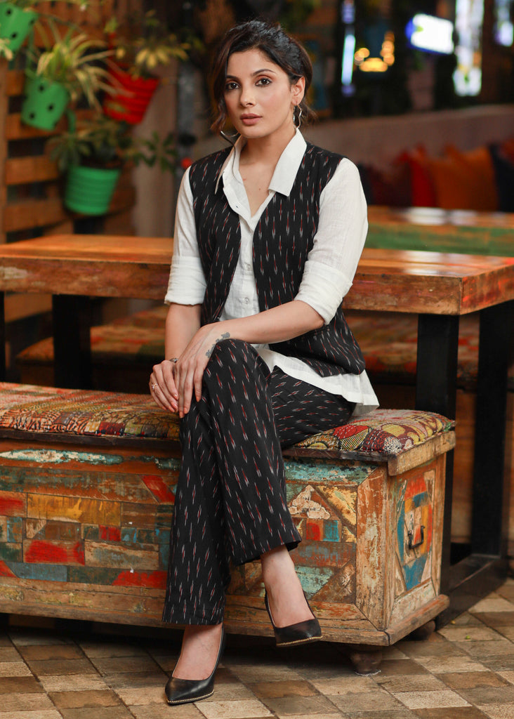 Trendy Formal Black Ikat Waistcoat with Optional Pant