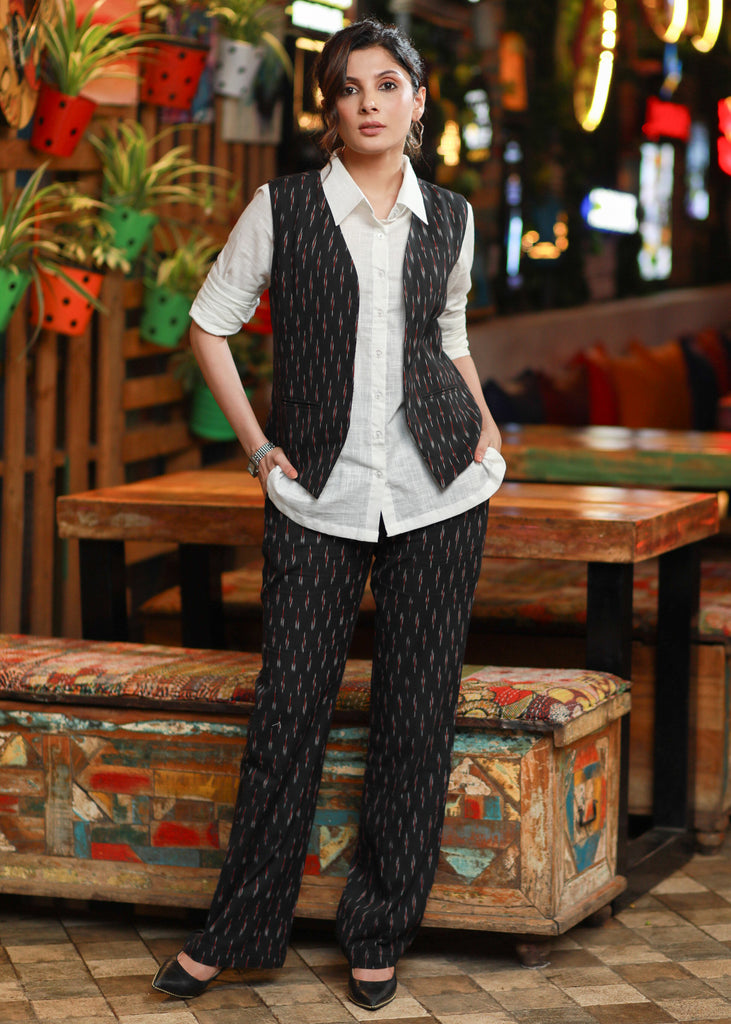 Trendy Formal Black Ikat Waistcoat with Optional Pant