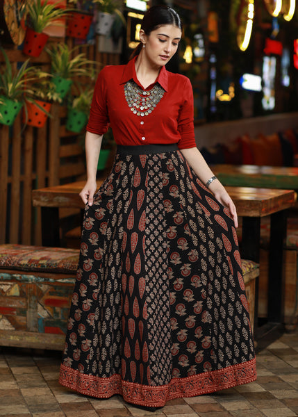 Exclusive Black Cotton Ajrakh Patchwork Skirt with Optional Cotton Maroon Shirt