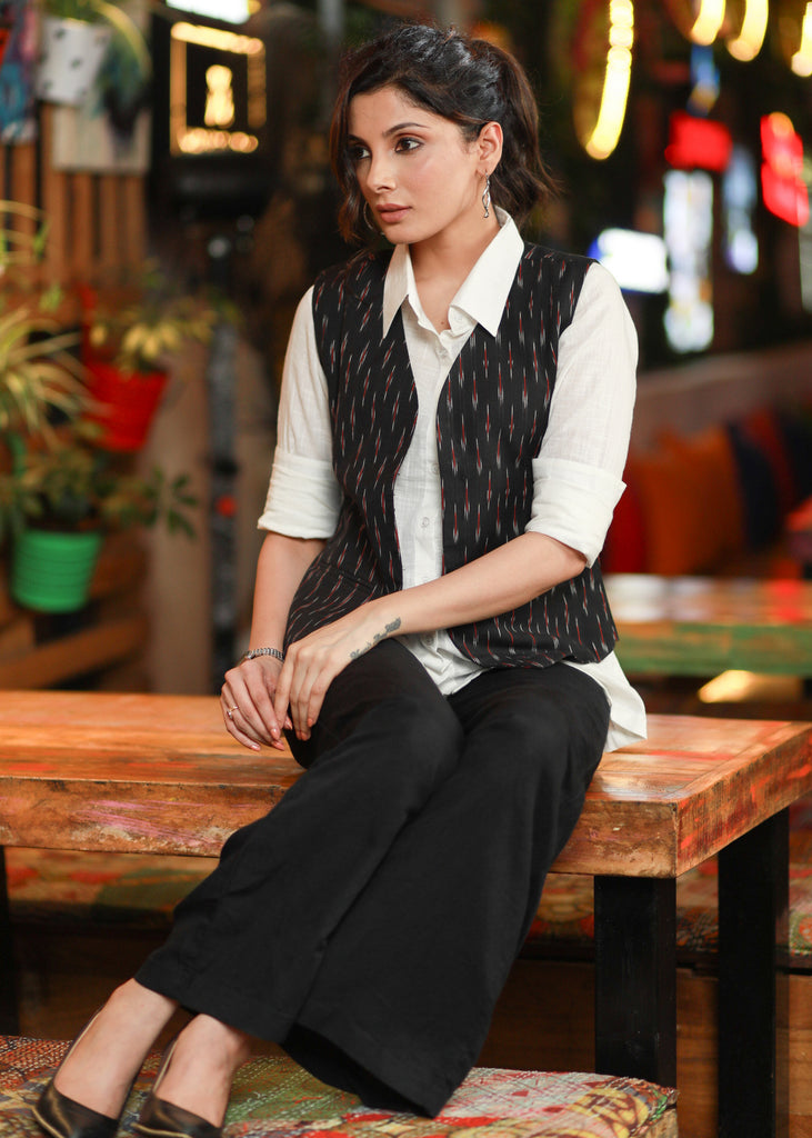Trendy Formal Black Ikat Waistcoat with Optional Pant