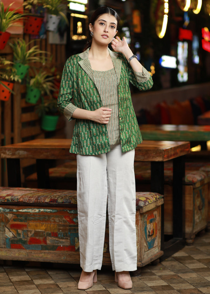 Trendy Floral Emerald Green Printed Jacket with Striped Inner