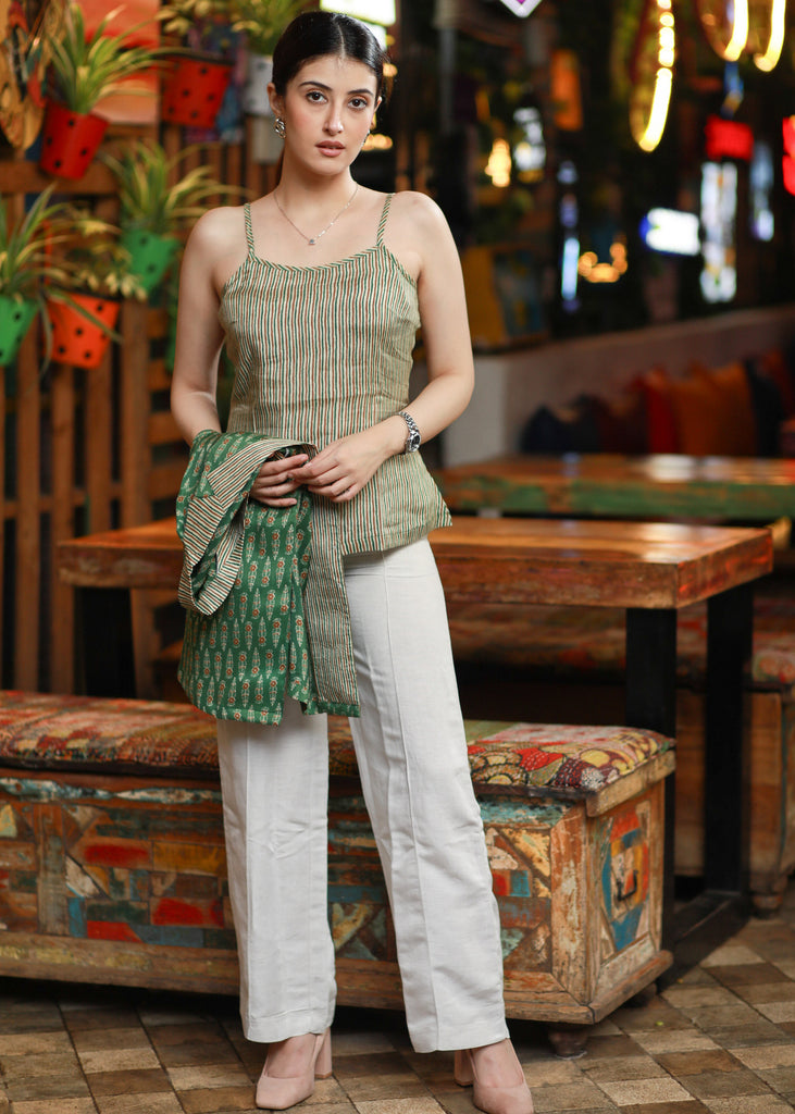 Trendy Floral Emerald Green Printed Jacket with Striped Inner