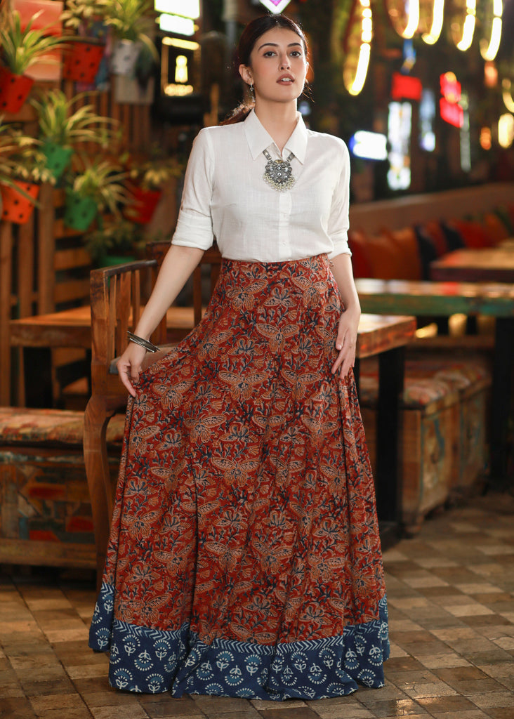 Beautiful Kalamkari Long Skirt Highlighted with Indigo Border on Hemline with Optional White Shirt