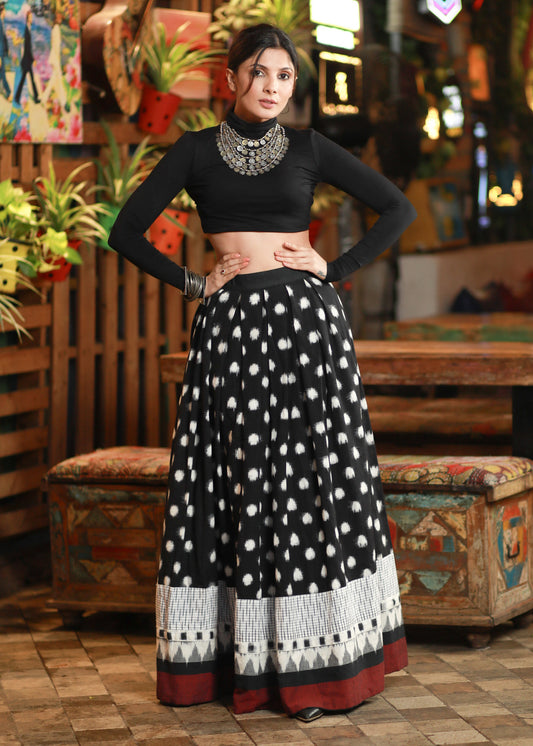 Exquisite Black Polka Dot Ikat Skirt with Beautiful Patchwork Ikat Borders on Hemline