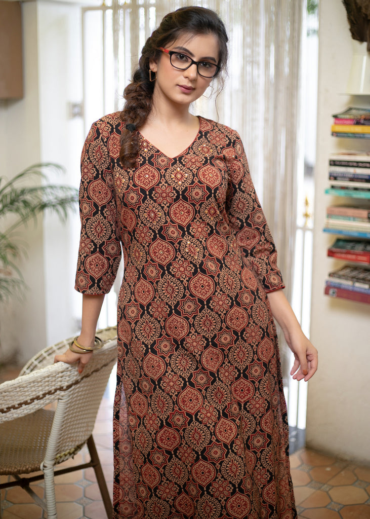 Elegant Mughal Print Straight Cut Cotton Ajrakh Kurta with Stone Embellishment on Yoke - Pant Optional