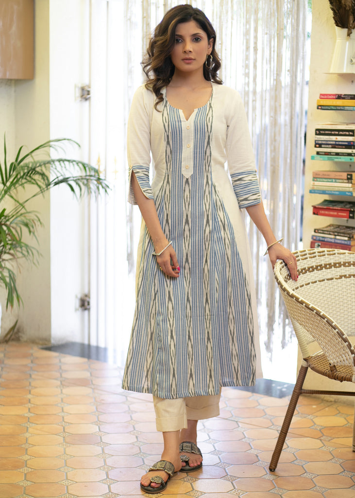 Smart White Cotton Kurta with Beautiful Striped Ikat Combination - Pant Optional