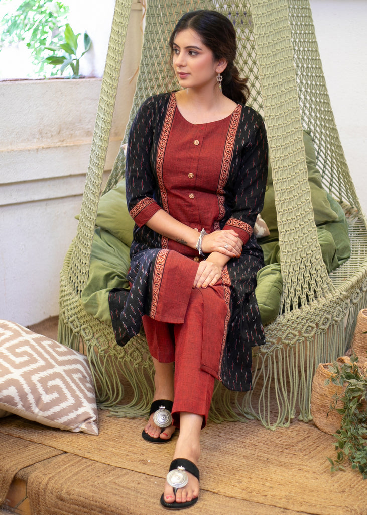 Exclusive Ikat & Ajrakh Combination Kurta with Front Cotton Pannel - Pant Optional