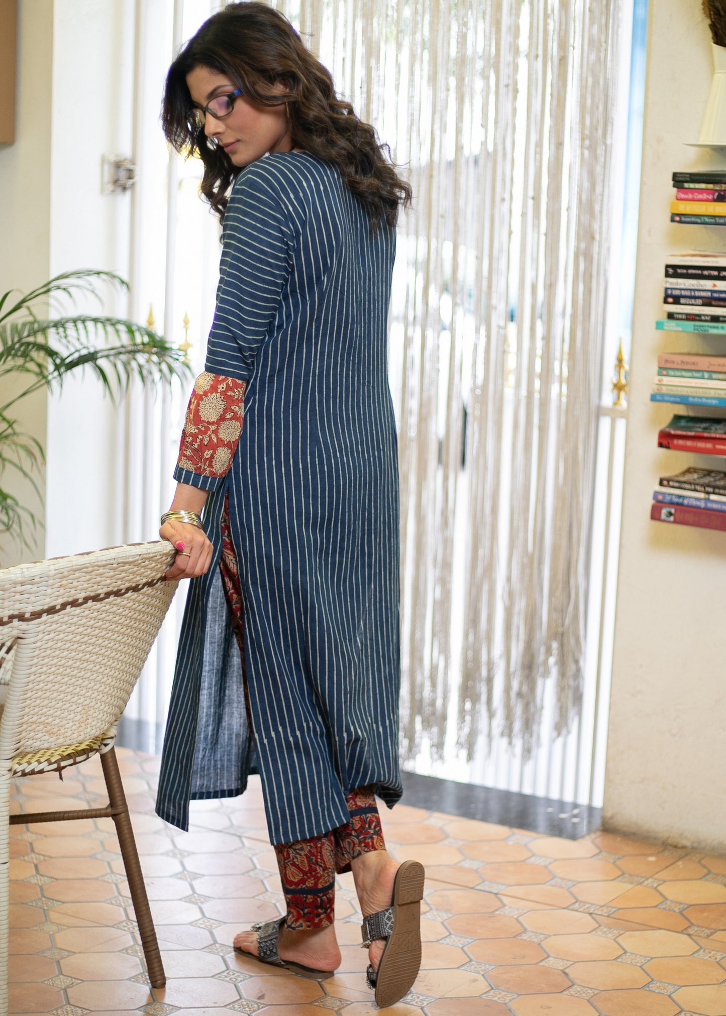 Classy Cotton Indigo Striped Straight Cut Kurta with Exclusive Combination Sleeves - Pant Optional