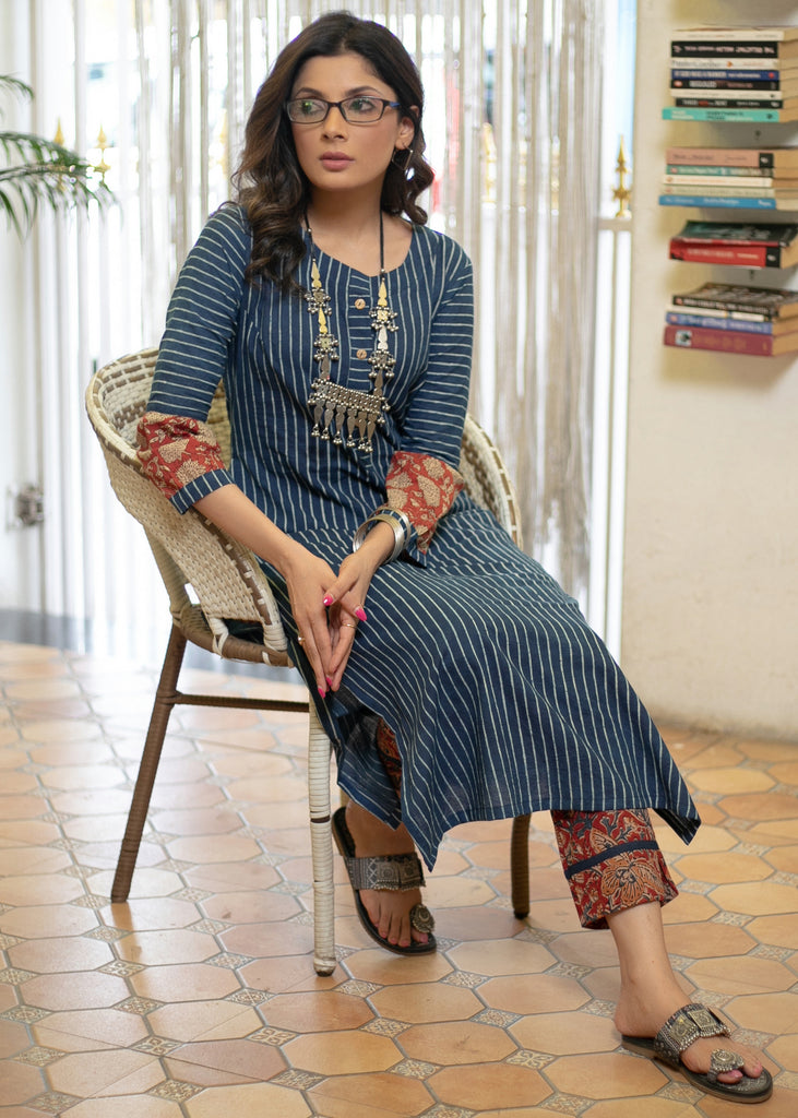 Classy Cotton Indigo Striped Straight Cut Kurta with Exclusive Combination Sleeves - Pant Optional