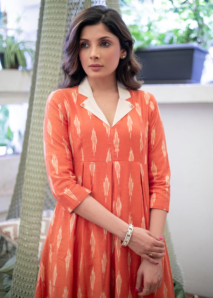 Exclusive Orange Ikat Kurta with Off - White Collar Detailing - Pant Optional