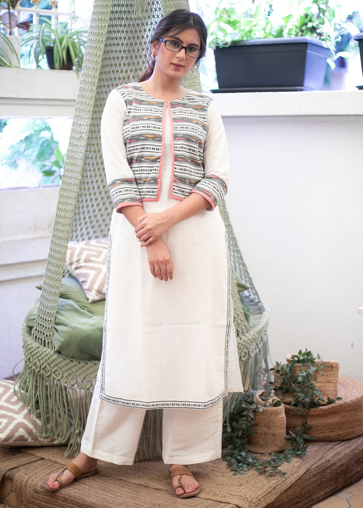Trendy Gray Striped Jacket Styled Cotton White Straight Cut Kurta - Pant Optional