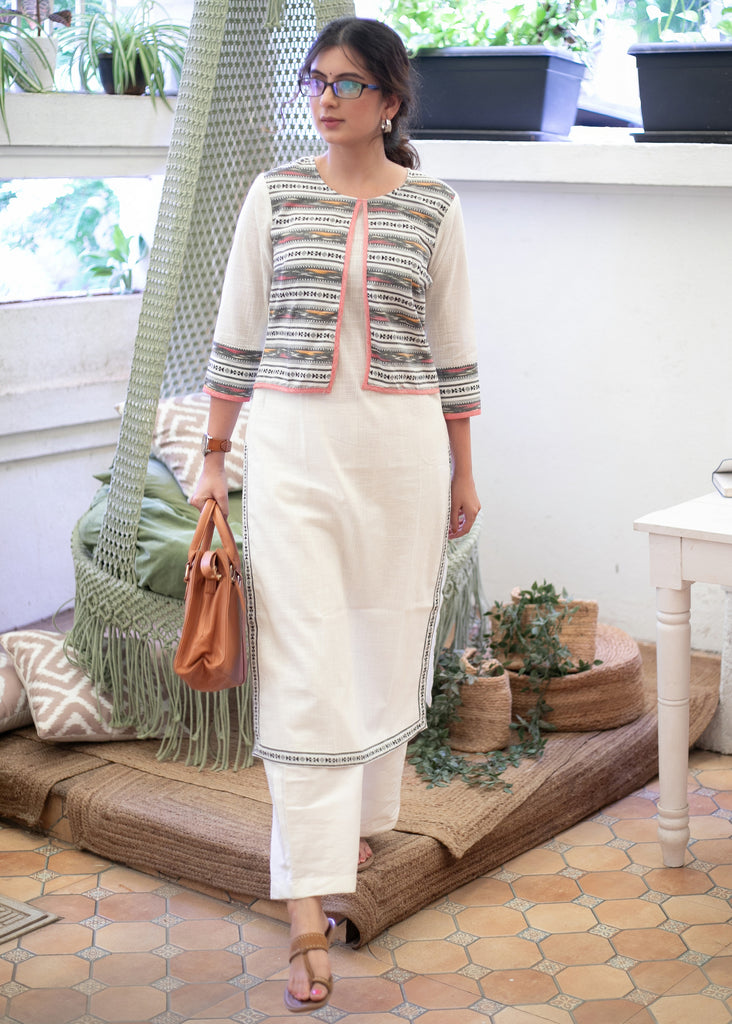 Trendy Gray Striped Jacket Styled Cotton White Straight Cut Kurta - Pant Optional