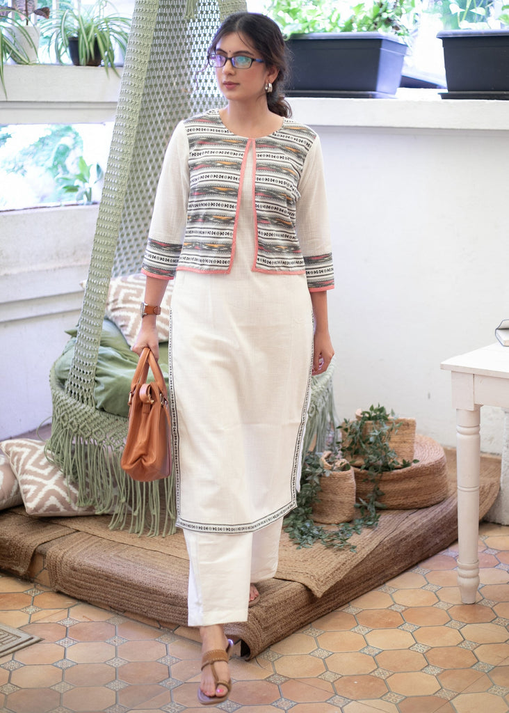 Trendy Gray Striped Jacket Styled Cotton White Straight Cut Kurta - Pant Optional