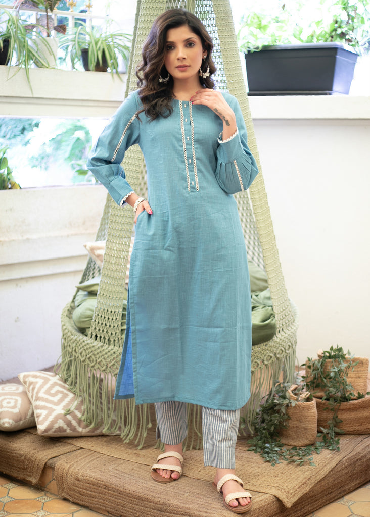 Classy Cotton Powder Blue Straight Cut Kurta with Beautiful Lace Pattern - Pant Optional