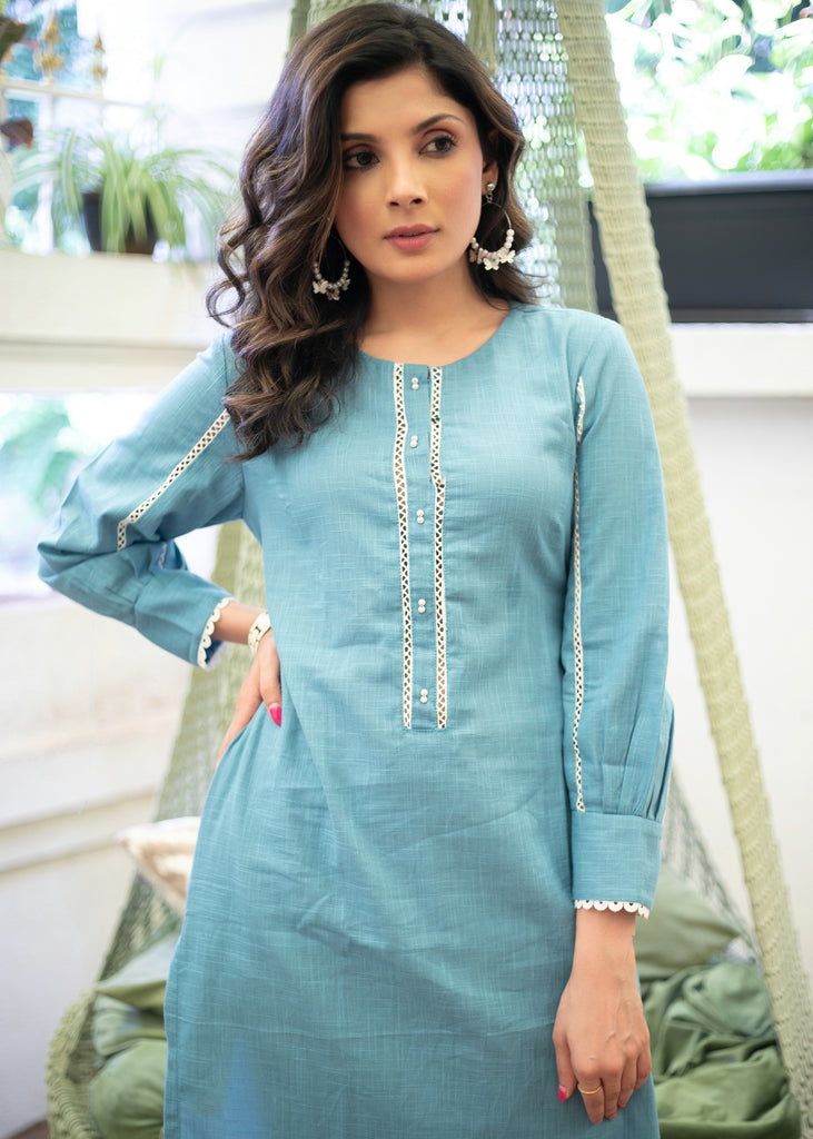Classy Cotton Powder Blue Straight Cut Kurta with Beautiful Lace Pattern - Pant Optional