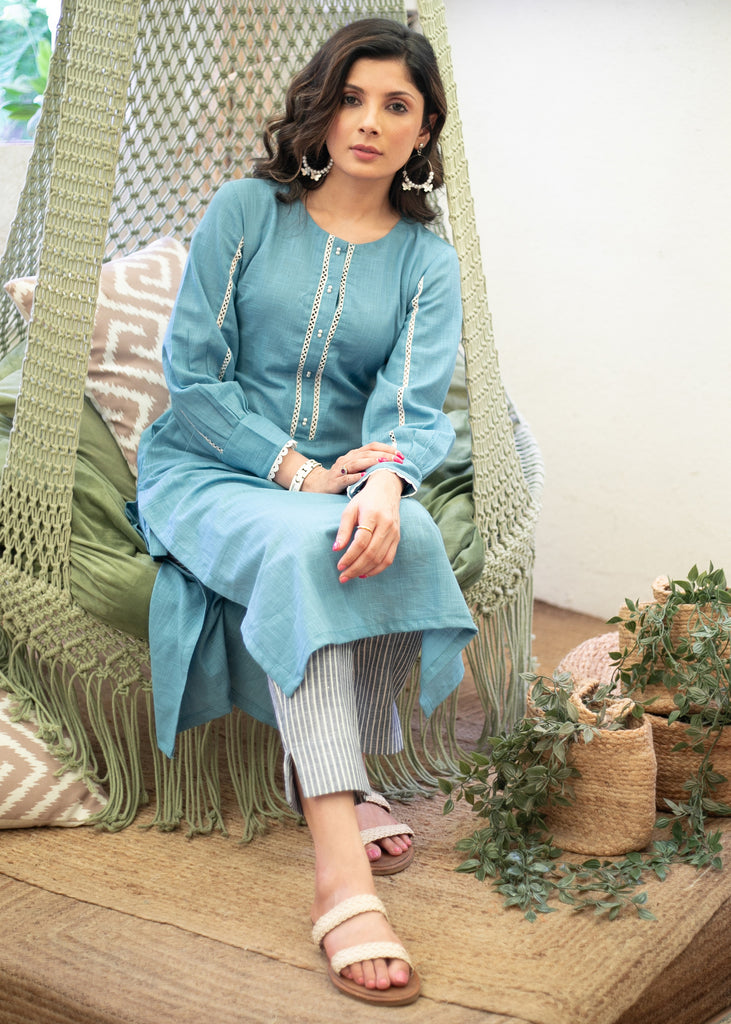 Classy Cotton Powder Blue Straight Cut Kurta with Beautiful Lace Pattern - Pant Optional