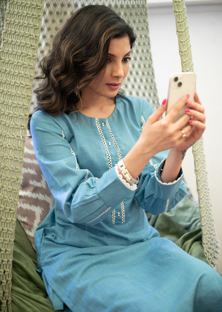Classy Cotton Powder Blue Straight Cut Kurta with Beautiful Lace Pattern - Pant Optional