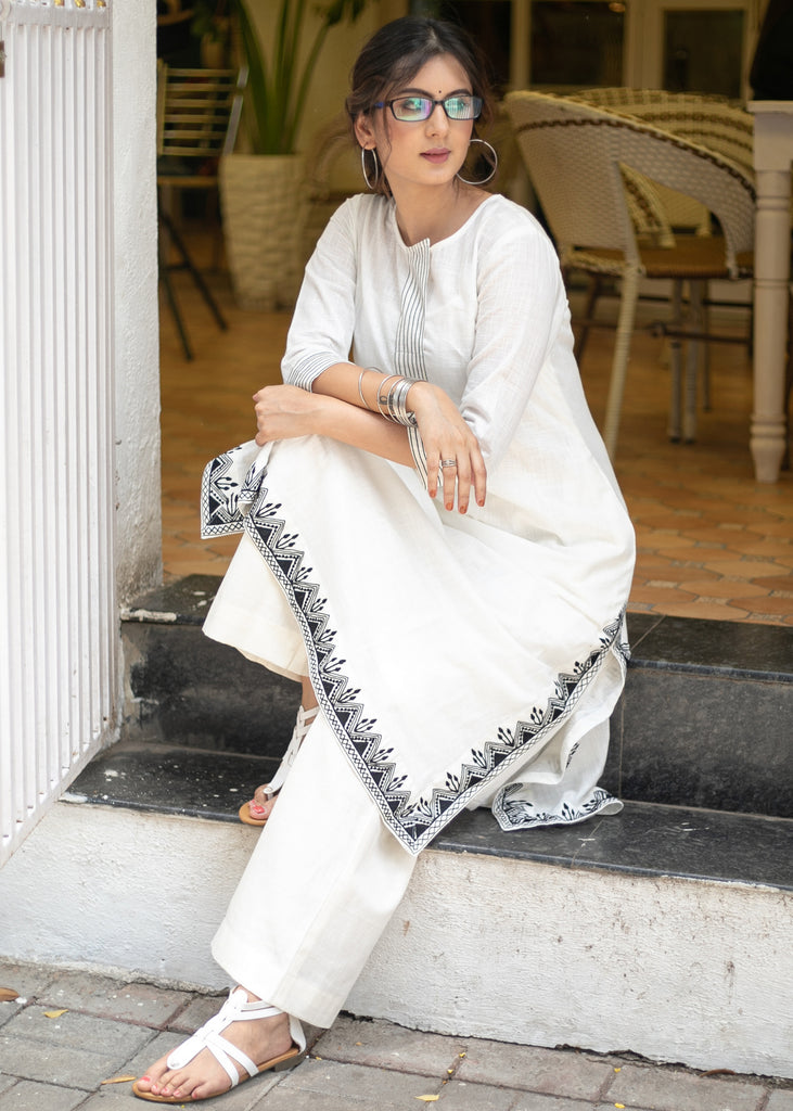 Exclusive White Cotton Embroidered Kurta - Pant Optional