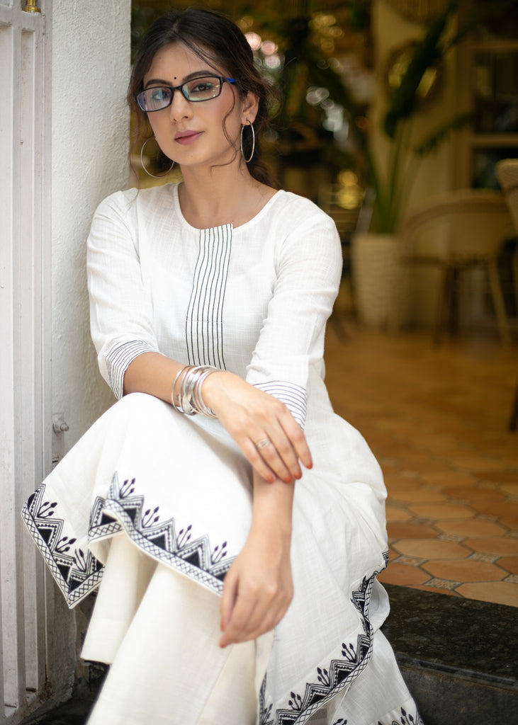 Exclusive White Cotton Embroidered Kurta - Pant Optional