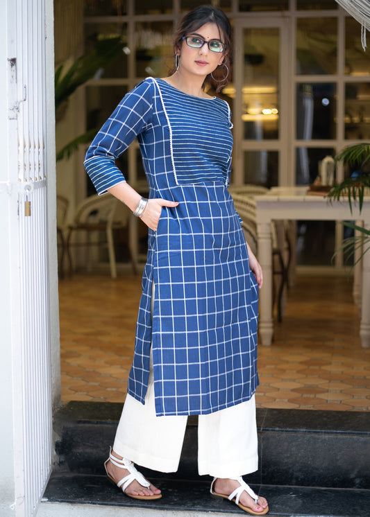 Trendy Cotton Navy Blue Checks Kurta with Striped Indigo Combination - Pant Optional