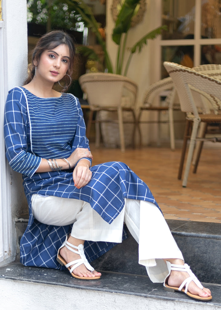 Trendy Cotton Navy Blue Checks Kurta with Striped Indigo Combination - Pant Optional