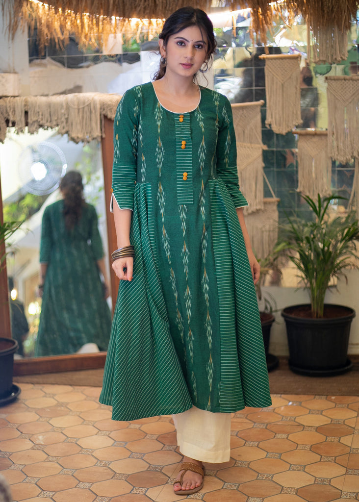 Classy Cotton Green Ikat A-Line Kurta - Pant Optional