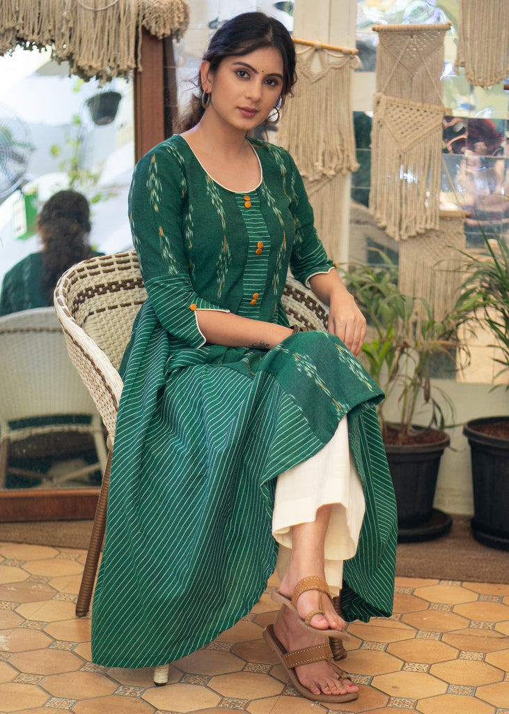 Classy Cotton Green Ikat A-Line Kurta - Pant Optional
