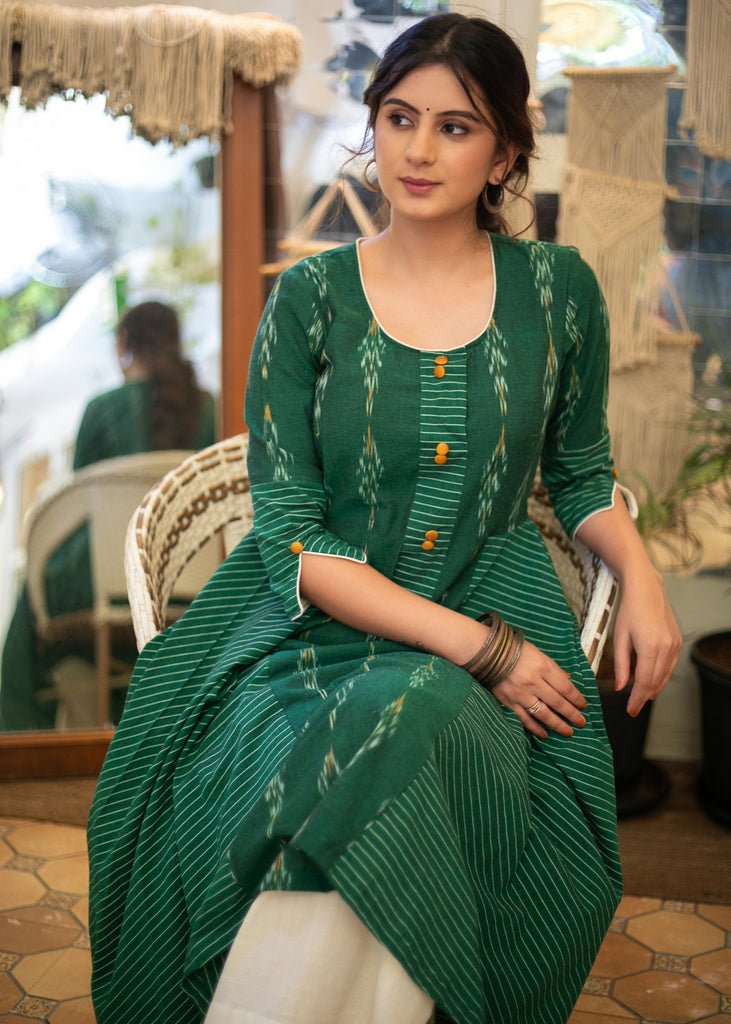 Classy Cotton Green Ikat A-Line Kurta - Pant Optional