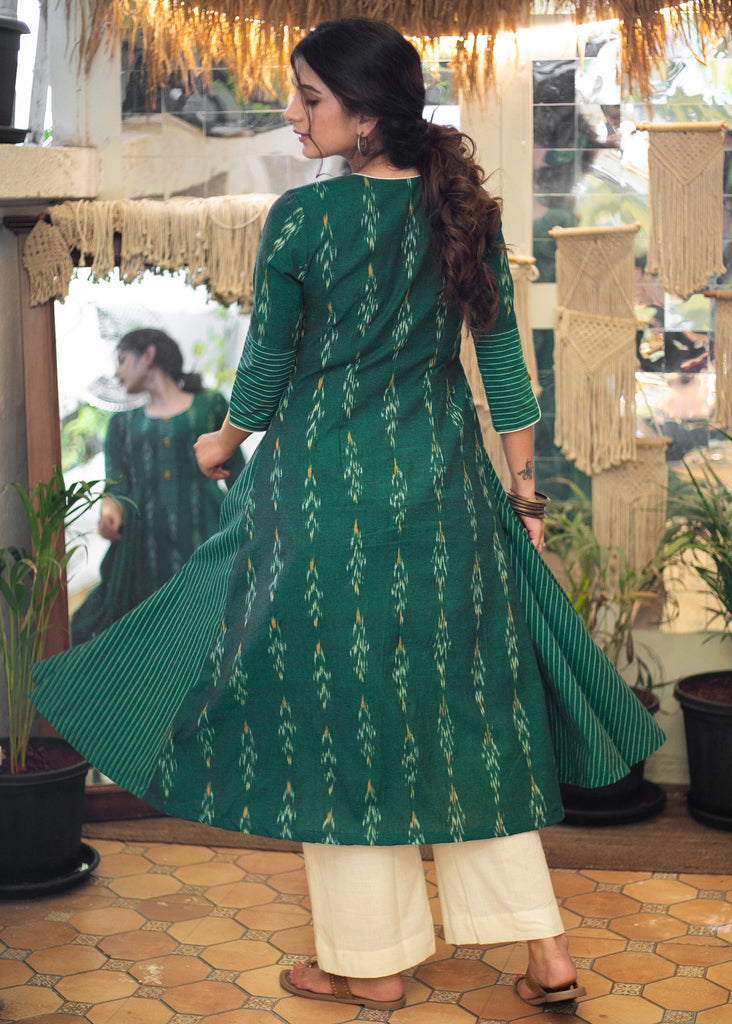 Classy Cotton Green Ikat A-Line Kurta - Pant Optional