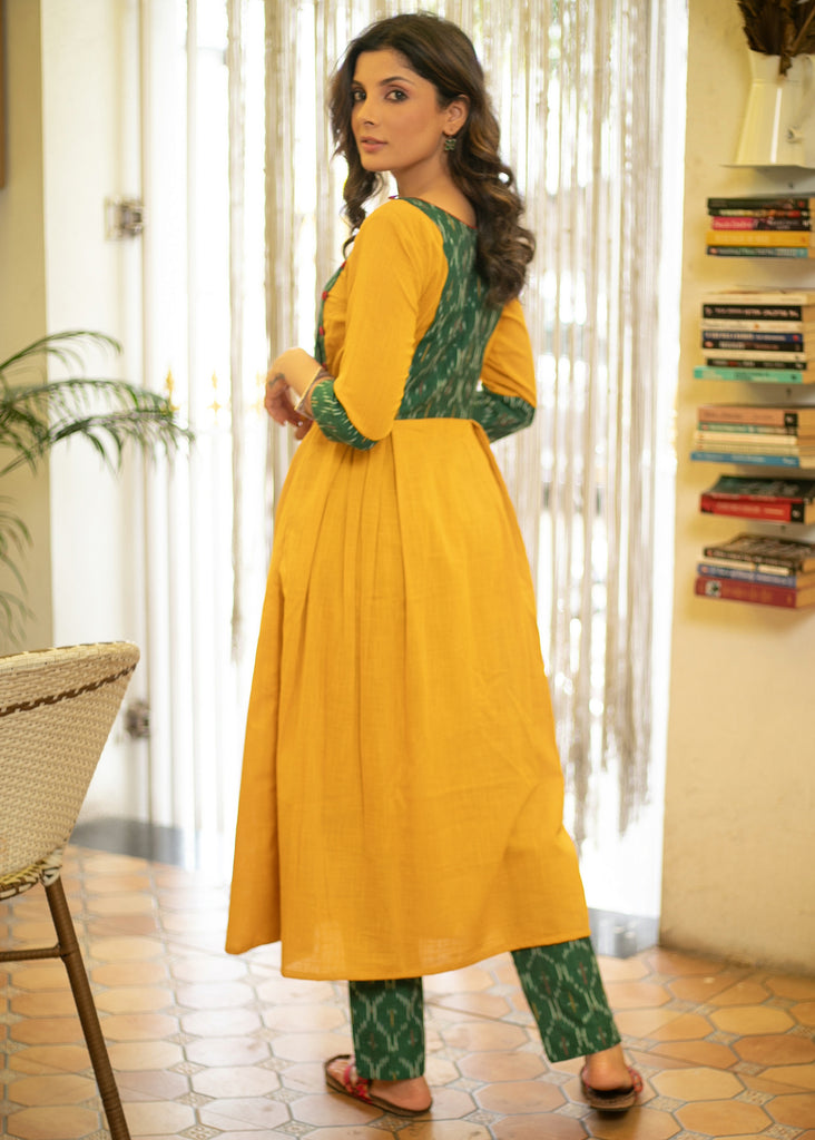 Elegant Cotton Mustard A Line Kurta with Contrast Ikat Combination on Yoke and Sleeves - Pant Optional