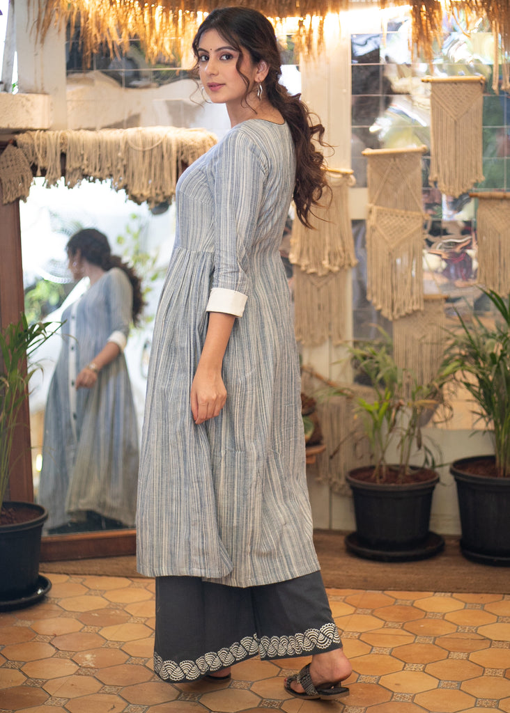 Elegant Pure Cotton Pleated A-Line Centre Slit Kurta with Hand Painted Pant- Hand Painted Stole Optional