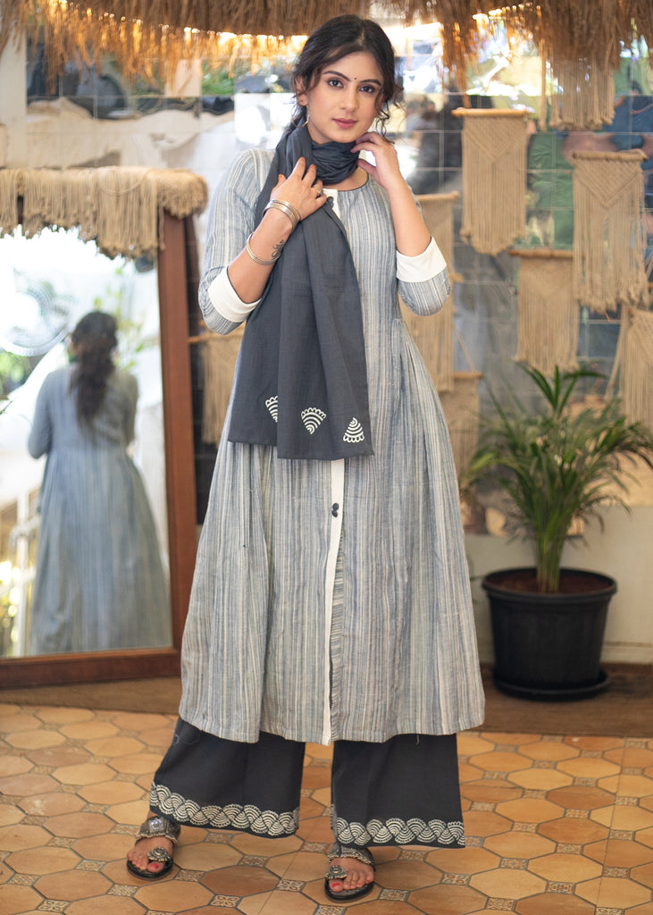 Elegant Pure Cotton Pleated A-Line Centre Slit Kurta with Hand Painted Pant- Hand Painted Stole Optional
